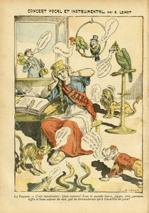 Illustration von Achille Lemot (1846-1909) in Le Pelerin, 21/05/05 - Vokal- und Instrumentalkonzert - Russland, Deutschland Preußen, Musik, England Großbritannien, Europa, Japan, Frieden, Marokko, Diplomatie, Dreifarbenflagge, Bloc des Linken, Sänger, Patr