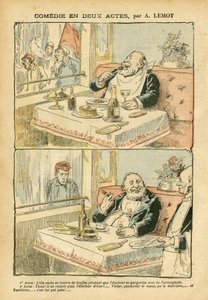 Illustration von Achille Lemot (1846-1909) in Le Pelerin, 22/05/04 - Komödie in zwei Akten - Restaurant Cafés, Gastronomie Kochen, Sozialismus - Caféjungen, Trüffel - Fett/Mager von Achille Lemot