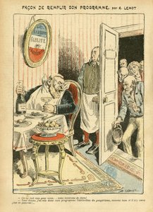 Illustration von Achille Lemot (1846-1909) in Le Pelerin, 23/07/05 - Wie man sein Programm erfüllt - Soziales, Elend, Gastronomie Koch, Sozialismus - Jaurès Jean, Abgeordneter, Homemans - Lebensmittelmetapher, Opposition/Assoziation von Achille Lemot