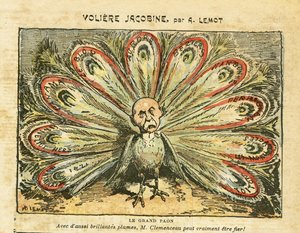 Illustration von Achille Lemot in Le Pelerin, 26/01/08 - Voliere jacobine - Bloc des Linken, Weinkrise Revolte des Winzer, Narbonne, Beziers, Aurore (Tagebuch) - Clemenceau George, Pfau, - Animalisation von Achille Lemot