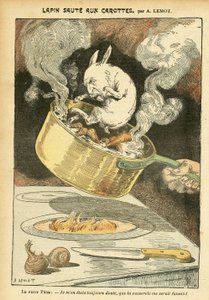 Illustration von Achille Lemot (1846-1909) in Le Pelerin, 29/01/05 - Kaninchenragout mit Karotten - Affaire des Fiche, Gastronomie, Küche - Combes Emile (1835-1921), Kaninchen - Kochtopf - Lebensmittelmetapher, Vermenschlichung von Achille Lemot