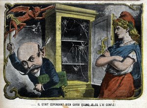 Es war jedoch gut gefüllt, als ich es dir gab. Karikatur zeigt Pierre Marie René Waldeck-Rousseau (1846-1904), einen französischen Politiker, der 1901 nicht in der Lage war, den nationalen Haushalt zu vervollständigen. Karikatur von Lemot