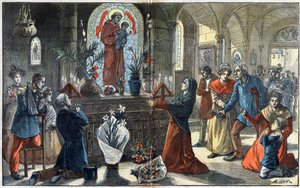 Die Andacht zu Sankt Antonius von Padua vereint vor seinem Altar alle Gesellschaftsschichten - Illustration von Achille Lemot in „Le-Pelerin“ von 1896 von Achille Lemot