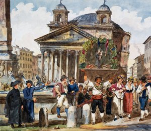 Erdbeerfest am Pantheon in Rom, Aquarell von Achille Pinelli, Italien