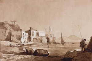 Hafen mit Borbone-Flagge und Vesuv im Süden, mit Ergänzungen eines Borbone-Schülers