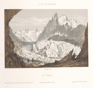 Blick auf den Gletscher Mer-de-Glace bei Les Bois und Les Tines (Erinnerung an Chamonix-Mont-Blanc, Museum du Mont-Blanc) von Ad. Cuvillier