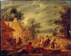 Reiter greifen ein Dorf an. Gemälde von Adam Frans van der Meulen (1632-1690).