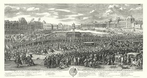 Ludwig XIV. von Frankreich und seine Garde überqueren die Pont-Neuf in Paris auf dem Weg zum Palais du Louvre (Gravur)