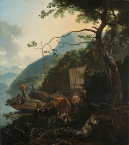 Bootsmänner am Ufer eines italienischen Sees