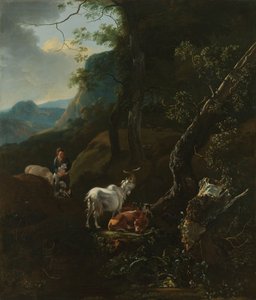 Eine Schäferin mit Tieren in einer bergigen Landschaft von Adam Pynacker