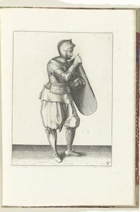 Die Übung mit dem Targe und Rapier: der Soldat hält den Targe mit der rechten Hand und greift mit der linken Hand den Riemen (Nr. 3), 1618 von Adam van Breen