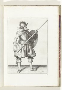 Die Übung mit Schild und Speer: Der Soldat bringt den Speer in drei Zeiten zurück in die Ruheposition, erste Bewegung (Nr. 10), 1618 (De Nassausche Wapen-Handelinge, van Schilt, Spies, Rappier ende Targe) von Adam van Breen