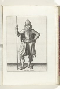 Die Übung mit Schild und Speer: der Soldat in Ruhe mit dem Speer in der Hand und dem Schild auf dem Rücken (Nr. 1), 1618 von Adam van Breen