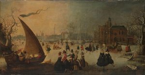 Landschaft mit gefrorenem Kanal, Schlittschuhläufern und einem Eisboot