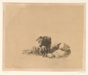 Stehender Esel vor einem liegenden Hund und einem schlafenden Mann