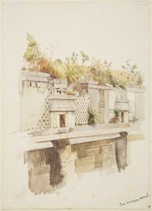 Casa de Monjas, Uxmal, Mexiko, Gemälde des oberen Stockwerks der Ruinen