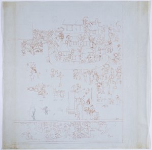 Kopie eines vollständigen Wandgemäldes von der Westwand, Oberer Tempel der Jaguare, Chichen Itza, Mexiko, Innerer Raum an der Westwand, gezeichnet in roter Tinte