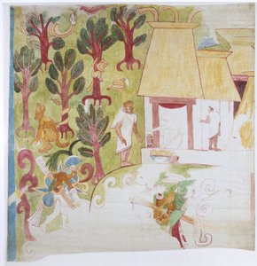 Kopie eines Teils eines Wandgemäldes vom südlichen Endpaneel, Ostwand, innere Kammer, Oberer Tempel der Jaguare, Großer Ballspielplatz, Chichen Itza von Adela Breton
