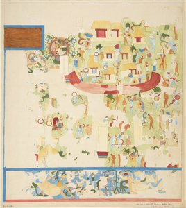 Viertelmaßstab-Kopie einer Wandmalerei vom nördlichen Ende der Westwand, Oberer Tempel der Jaguare, Chichen Itza, Mexiko von Adela Breton