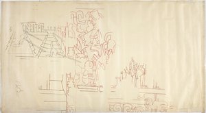 Abzeichnung eines Wandgemäldes aus Casa de Monjas, Chichen Itza, Mexiko, nachgezeichnet und übermalt in schwarzer und roter Tinte von Adela Breton