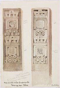 Zwei Säulen, beide mit Steinreliefs, Cerritos de los Campamentos, Tenago, in der Nähe von Toluca, Mexiko von Adela Breton