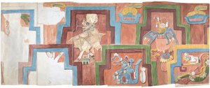Aquarellkopie der Stuckfassade des Tempels auf der Pyramide in Acanceh, Vollmaßstab, zwei Reihen von Figuren innerhalb eines gestuften Rahmens, Figuren 6-11 von Adela Breton
