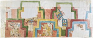 Aquarellkopie der Stuckfassade des Tempels auf der Pyramide in Acanceh, Vollmaßstab, zwei Reihen von Figuren innerhalb eines gestuften Rahmens, Figuren 1-5 von Adela Breton