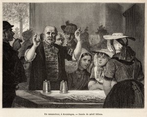 Ein Schausteller in einem Gasthaus in Kruiningen führt seine Nummer vor aufmerksamen Zuschauern auf, graviert nach der Zeichnung von Adolf Dillens, illustriert eine Reise nach Zeeland (Niederlande), 1873, von Charles de Coster, veröffentlicht in „Le tour d von Adolf Alexander Dillens