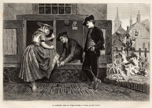 Ein Schuhmacher in einem zeeländischen Dorf, lässt eine junge Frau einen Schuh anprobieren, begleitet von einem jungen Mann, graviert nach der Zeichnung von Adolf Dillens, zur Illustration einer Reise nach Zeeland (Niederlande), veröffentlicht in „Le tour  von Adolf Alexander Dillens