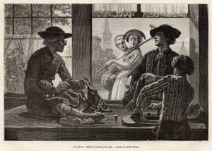 Ein Schneider und sein Lehrling, die am Fenster arbeiten, um das Licht und das Schauspiel der Passanten auf der Straße zu genießen, in Rilland (Süd-Beveland), Gravur nach der Zeichnung von Adolf Dillens, zur Illustration einer Reise nach Zeeland (Niederla von Adolf Alexander Dillens