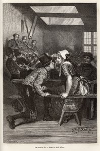An Jahrmärkten bieten die Bauern jungen Mädchen süße Liköre an, das gleiche Glas dient allen und wird von Mund zu Mund gereicht, oft gefüllt, und ermöglicht es dem jungen Bewerber, sein Werben zu machen, im Rhythmus des Orchesters und der Tänze, Gravur von Adolf Alexander Dillens
