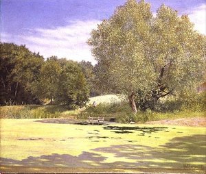 Ein Fischer verlässt einen Teich