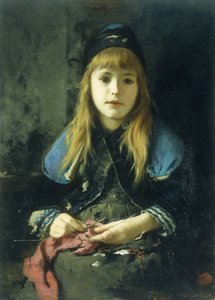 Ein junges Mädchen beim Stricken von Adolf Echtler