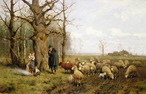 Kinder mit einem Schäfer und Schafen in einer Landschaft
