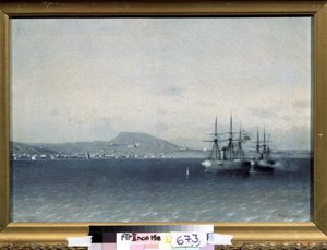 Russisch-Türkischer Krieg von 1877-1878: Die türkische Flotte bombardierte die Stadt Feodossija 1878. Gemälde von Adolf Fessler (1826-1885) 1878 Staatliche Tretjakow-Galerie