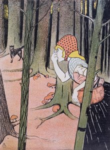 Rotkäppchen sieht den Wolf im Wald, Illustration aus Jugend, veröffentlicht in München 1896