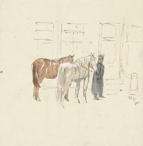 Mann mit zwei Pferden vor einem Gebäude von Adolf le Comte