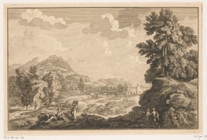 Arkadische Flusslandschaft mit Hirten und Frau mit einem Wäschekorb von Adolf van der Laan