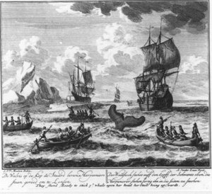 Der Wal auf dem Kopf, der Schwanz oben, Harpuniere bereit zum Entleeren (Nr. 5 aus der Serie Walvisvaart) von Adolf van der Laan