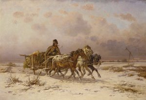 Ein Bauer in einem Schlitten, der drei Pferde fährt von Adolf van der Venne