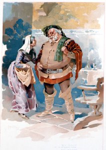 Akt III der Oper von Giuseppe Verdi „Falstaff“: Falstaff und Quickly („Voi le stregate tutte...“). Illustration von Hohenstein. Museo Teatrale alla Scala, Mailand 1893