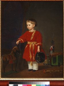 Porträt eines Jungen in einem roten Kleid mit Militärspielzeug