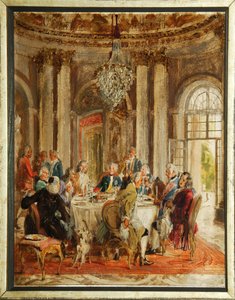 Die Tafelrunde von Friedrich II. von Preußen mit Voltaire und Christoph Ludwig von Stille im Schloss Sanssouci