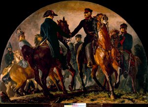 Treffen von Gebhard Leberecht von Blücher (1742-1819) und Arthur Wellesley Wellington (1769-1852) in der Schlacht von La Belle Alliance (1815). Gemälde von Adolf Menzel (1815-1905)