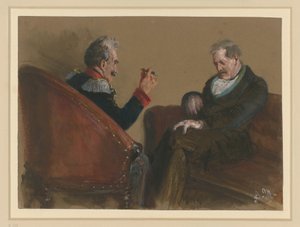 Älterer Offizier und Zivilist einander gegenüber sitzend im Gespräch von Adolph Menzel