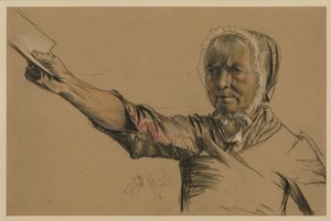 Alte Frau, die mit der Rechten eine Bittschrift ausstreckt von Adolph Menzel