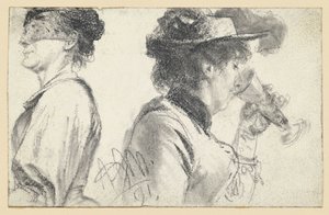 Brustbild einer Dame mit Schleier und Dame mit Hut, die aus einem Glas trinkt von Adolph Menzel