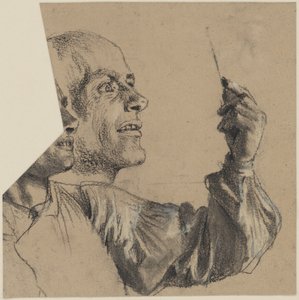 Brustbild eines Mannes mit spärlichem Haar, Gesichtsprofil und linker Arm. Gesichtsstudie von Adolph Menzel