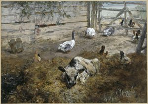 Das Kalb mit Hühnern und Gänsen. Aus dem "Kinderalbum" von Adolph Menzel