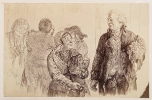 Der Gerichtsrat, mit dem Schnupftuch in der Rechten, wechselt mit der schmollenden Marthe die letzten Worte. Hinter Marthe tauschen Eve und Ruprecht den Versöhnungskuss, zu Heinrich von Kleist "Der zerbrochene Krug" von Adolph Menzel